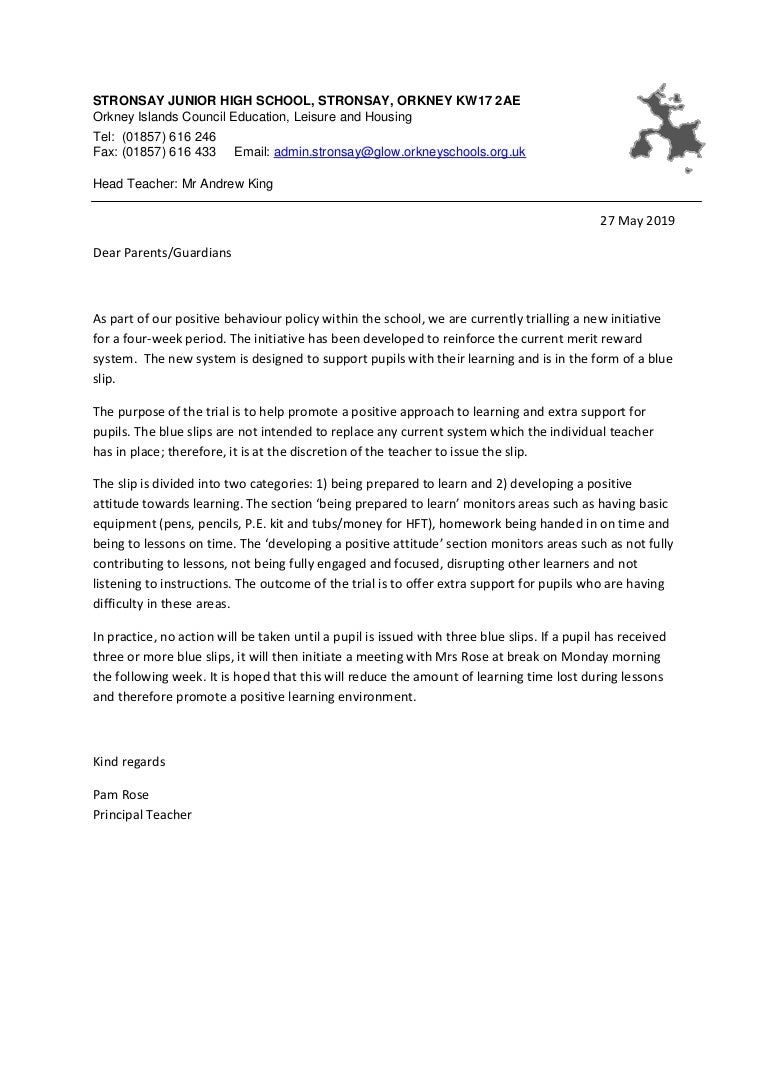 Blue slips parent letter