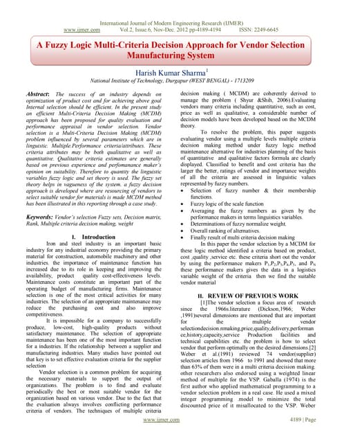 A Fuzzy Logic Multi-Criteria Decision Approach for Vendor Selection ...