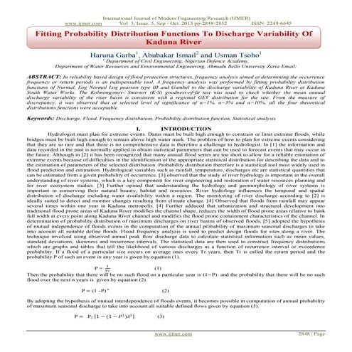 Fitting Probability Distribution Functions To Discharge Variability Of Kaduna...