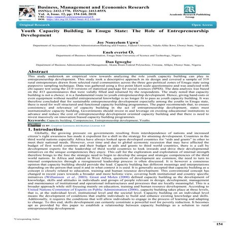 Youth Capacity Building in Enugu State: The Role of Entrepreneurship Development