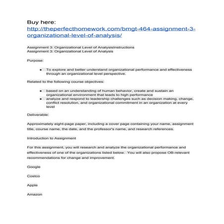 BMGT 464 ASSIGNMENT 3 ORGANIZATIONAL LEVEL OF ANALYSIS