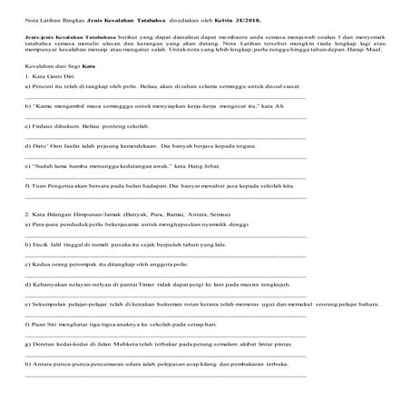 Nota Latihan Ringkas Jenis Kesalahan Tatabahasa di sediakan oleh Kelvin 3E/2018