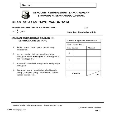 ujian penulisan bahasa melayu tahun 4