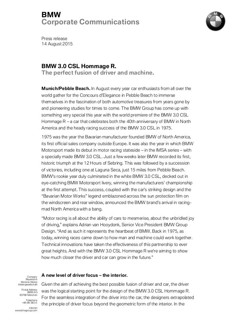 Bmw 3 0 Csl Hommage R Press Release