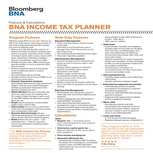 BNA Income Tax Planner Data Sheet