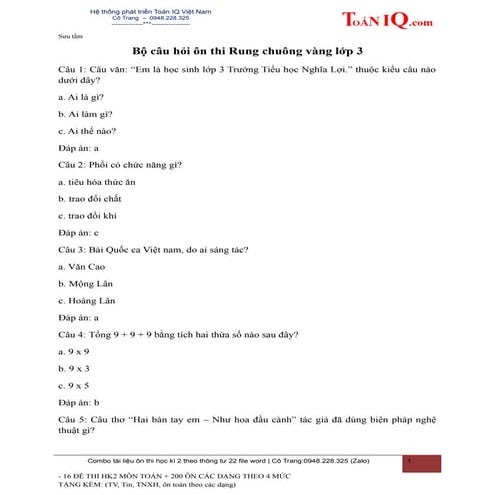 BỘ CÂU HỎI ÔN RUNG CHUÔNG VÀNG LỚP 3