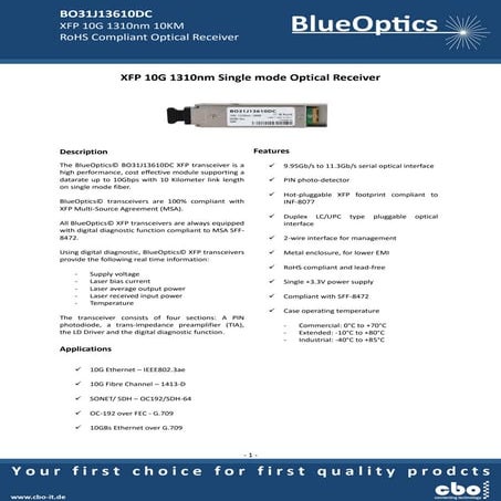 BlueOptics BO31J13610DC 10GBASE-LR XFP Transceiver 1310nm 10KM Singlemode LC ...