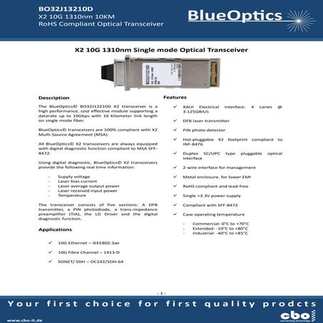 Bo32j13210d 10gbase-lr x2 transceiver 1310nm 10 kilometer singlemode sc-duple...
