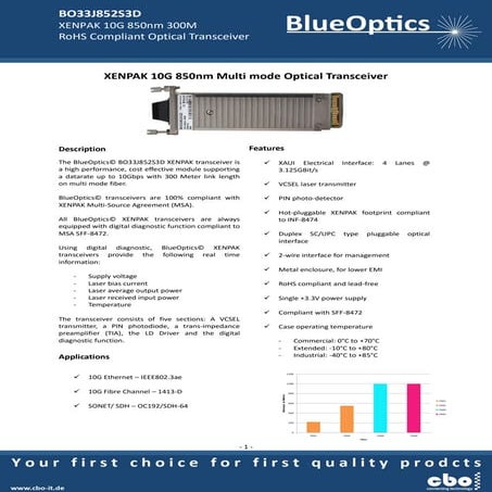 BlueOptics Bo33j852s3d 10gbase-sr xenpak transceiver 850nm 300 meter multimod...