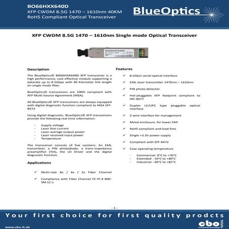BlueOptics Bo66hxx640d 2-4-8gbase-cwdm xfp transceiver 1471nm - 1611nm 40km s...