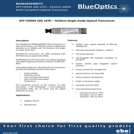 BlueOptics Bo66 jxx640d t2 10gbase cwdm xfp transceiver 1471nm 1611nm 40 km s...