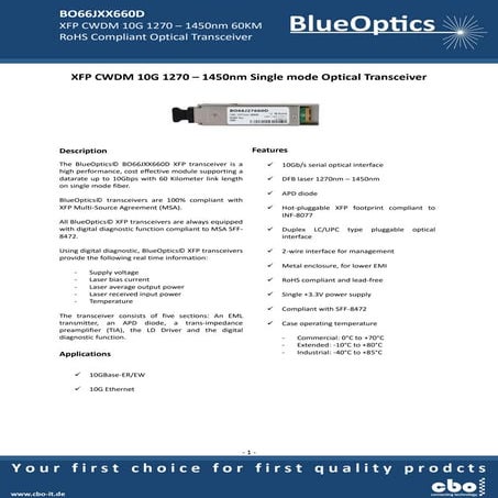 BlueOptics Bo66jxx660d 10gbase cwdm xfp transceiver 1271nm 1451nm 60 km singl...