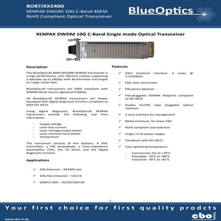 BlueOptics Bo87jxx240d 10gbase-dwdm xenpak transceiver c-band 40 kilometer si...