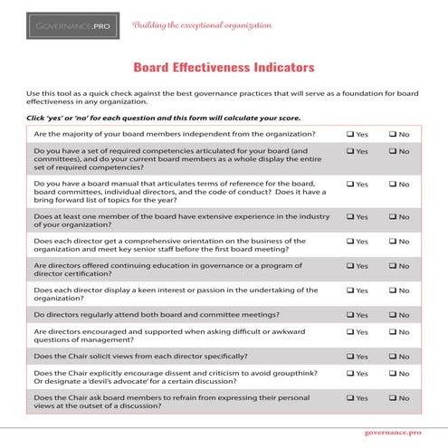 Board of Directors Effectiveness Indicators Checklist