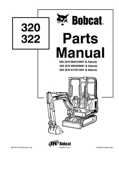 Bobcat 322 excavator parts catalogue manual sn 552320001 and above