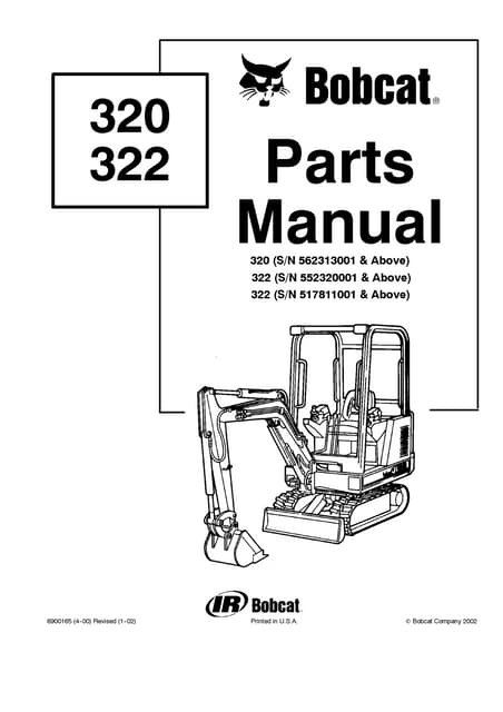 Bobcat 322 excavator parts catalogue manual sn 552320001 and above