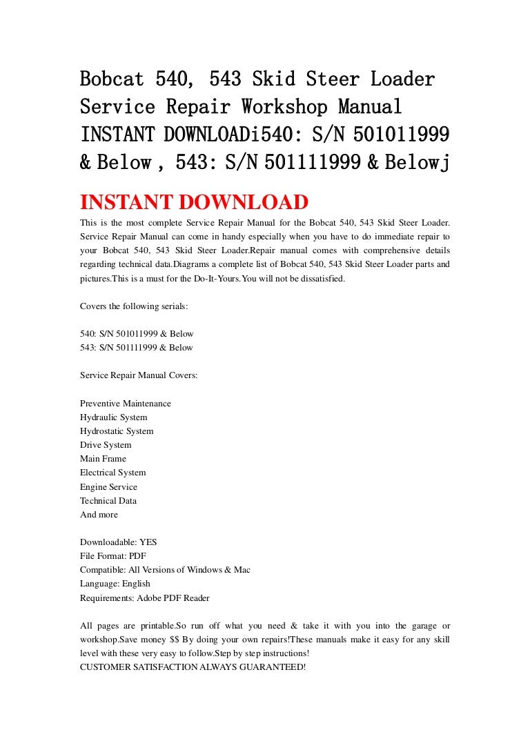 Bobcat 540, 543 skid steer loader service repair workshop manual inst…