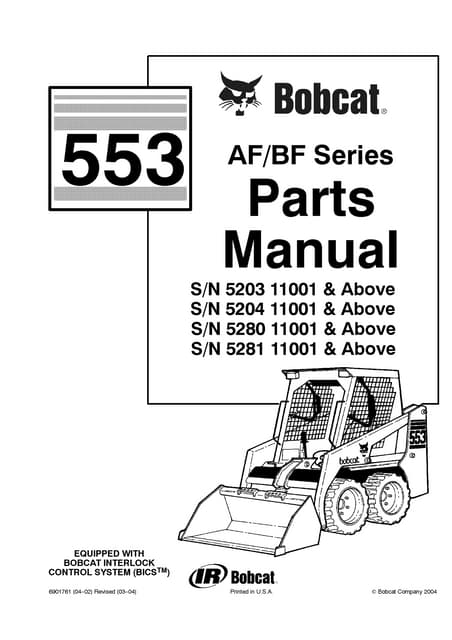 Bobcat 553 af bf series skid steer loader parts catalogue manual sn 528111001...