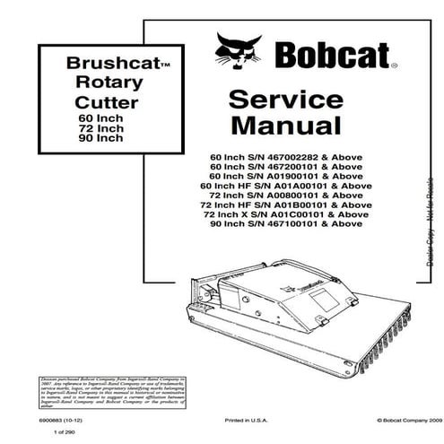 Bobcat 72 Inch Rotary Cutter Service Repair Manual SN A00800101 And ...