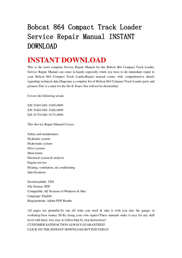 Bobcat 864 compact track loader service repair manual instant downloa…