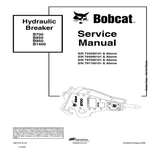 Bobcat Breaker HB380 Hydraulic Breaker Service Repair Manual SN ...