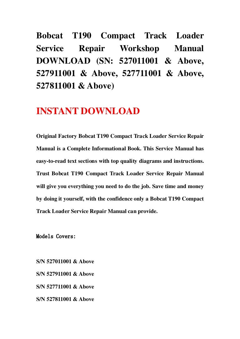 Bobcat t190 compact track loader service repair workshop manual downl…
