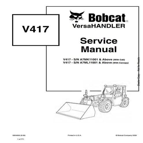 Bobcat V417 VersaHANDLER Telescopic Forklift Service Repair Manual SN ...