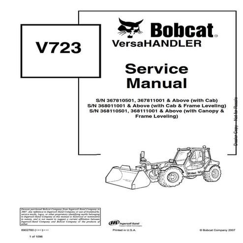 Bobcat V723 VersaHANDLER Telescopic Forklift Service Repair Manual SN ...