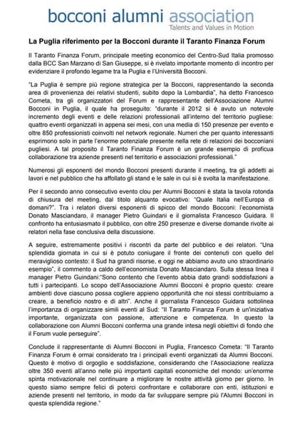 Alumni Bocconi e TFF2012: collaborazione vincente