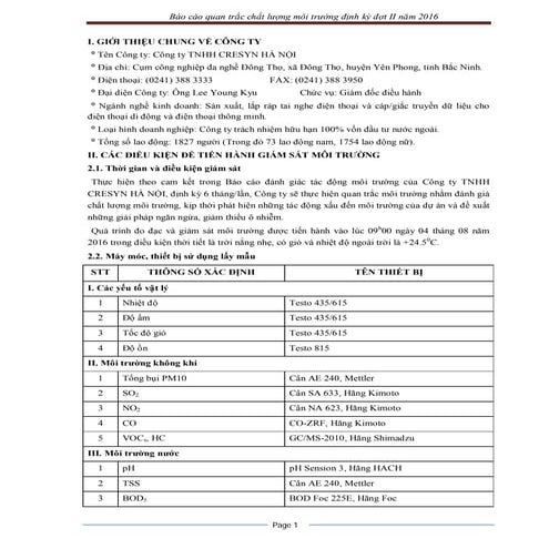 Báo cáo quan trắc chất lượng môi trường định kỳ (6 tháng cuối năm 2016)