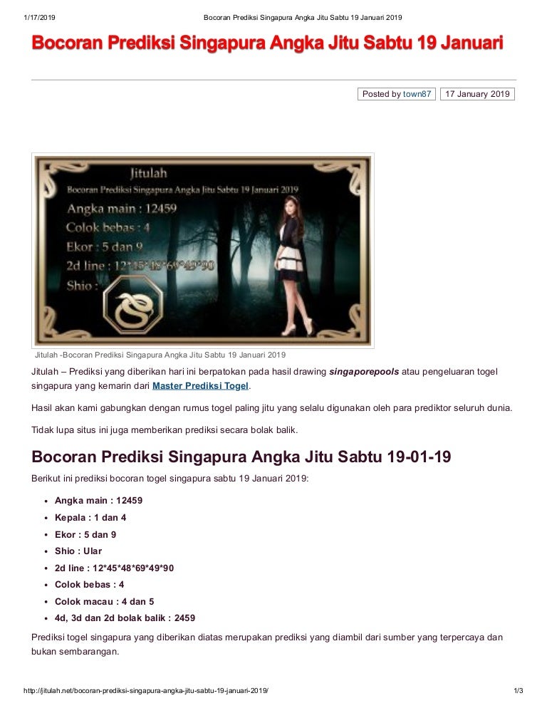 Bocoran prediksi singapura angka jitu sabtu 19 januari