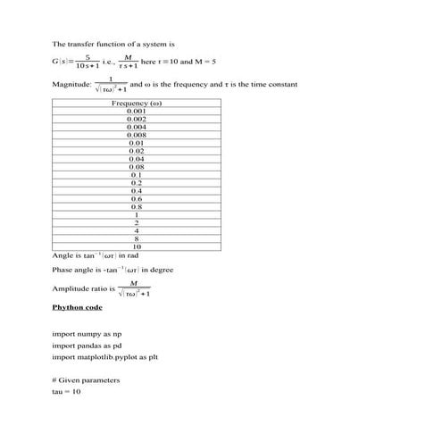 Analyzing Transfer Function and Bode Plot of a System with Python | DOCX