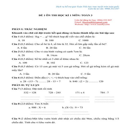 Bộ đề ôn tập cuối học kì 1 - Toán lớp 3