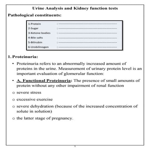 Urine Analysis and Kidney function tests