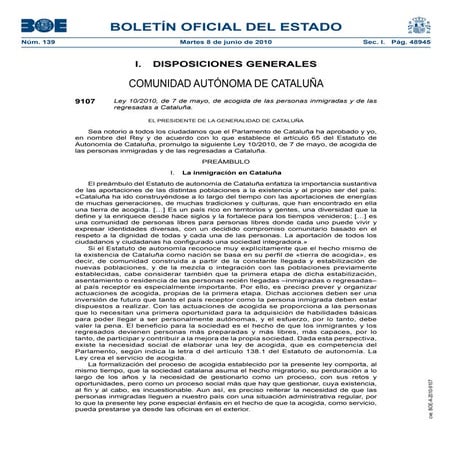 BOE - Llei d'acollida de les persones immigrades i retornades a Catalunya