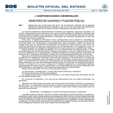 Plan Anual de Control Tributario y Aduanero de 2017. Agencia Estatal de Administración Tributaria. 
