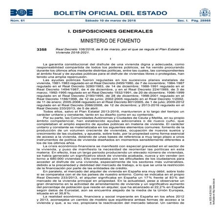 Plan Estatal de Vivienda 2018-2021. Real Decreto 106/2018, de 9 de marzo, por el que se regula el Plan Estatal de Vivienda 2018-2021.