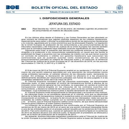 Real Decreto-ley 1/2017, de 20 de enero, de medidas urgentes de protección de consumidores en materia de cláusulas suelo.
