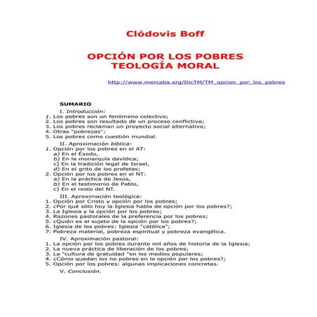 Opción por los pobres. Teología Moral. Clódovis Boff