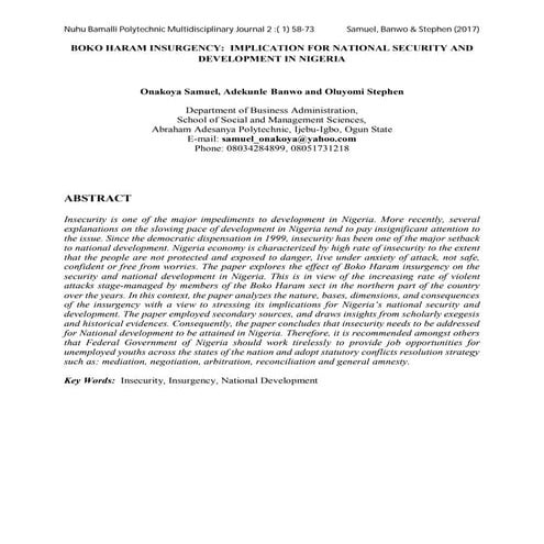 Boko haram insurgency implication for national security and development in ni...