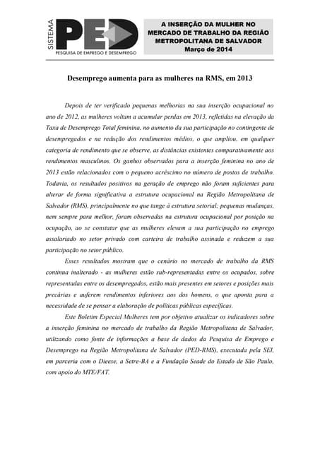 Boletim PED RMS mulheres 2014