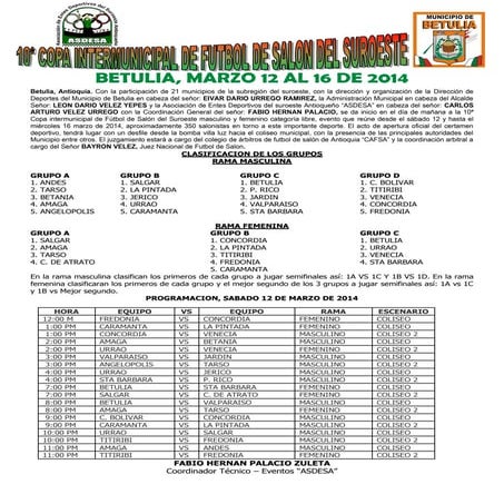 PROGRAMACIÓN COPA SUROESTE DE FUTBOL DE SALÓN, SÁBADO 12 DE ABRIL