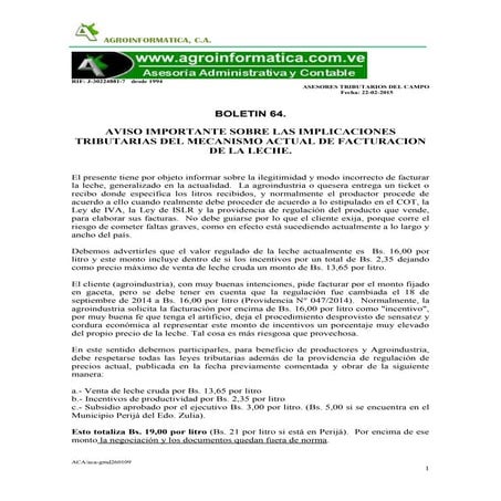 Boletin 64.  Facturacion de la leche cruda en Venezuela