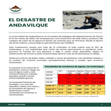 Contaminación por derrame de dique minero en Andavilque