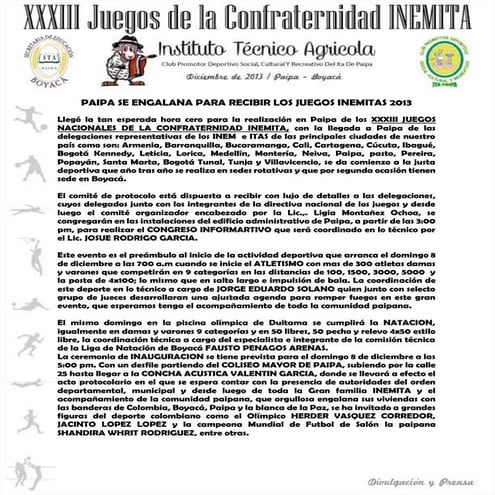 Boletin de prensa juegos Inemitas Paipa 2013