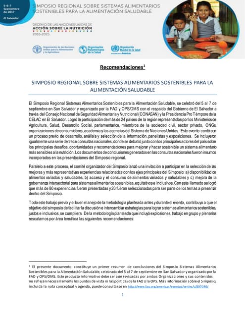 Resumen recomendaciones Simposio Regional sobre Sistemas Alimentarios Sostenibles para la Alimentación Saludable