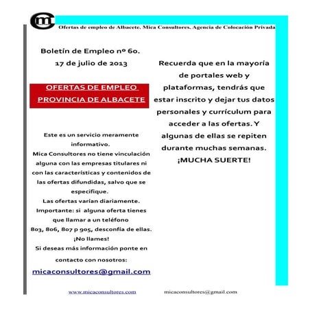 Boletín de empleo 60 Albacete de mica consultores_ofertas de trabajo de Albacete