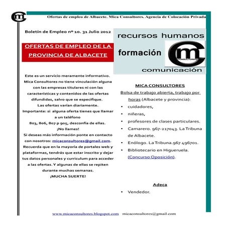 Boletín de empleo Albacete nº 10 de Mica Consultores. ofertas trabajo Albacete