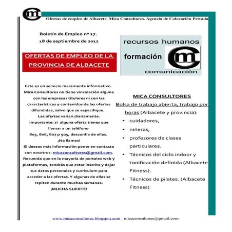 Boletín de empleo de Albacete de Mica Consultores nº 17. ofertas de trabajo d...