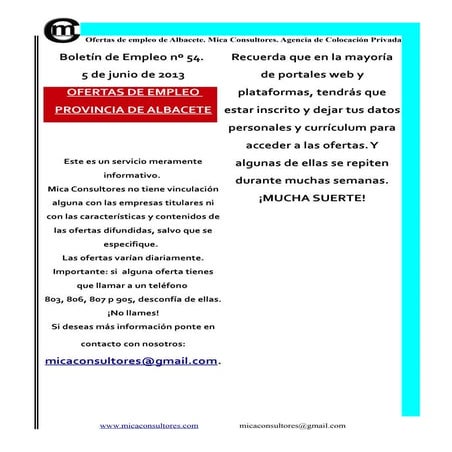 Boletín de empleo (ofertas trabajo) Albacete de mica consultores nº 54. ofertas de trabajo y empleo de Albacete